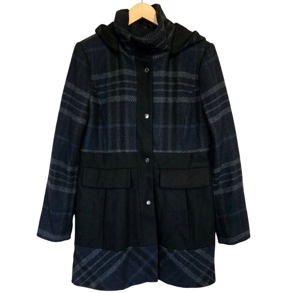 Guess Hooded Plaid Wool Blend Pea Coat Jacket Women's‎ Large Winter Layer Casual